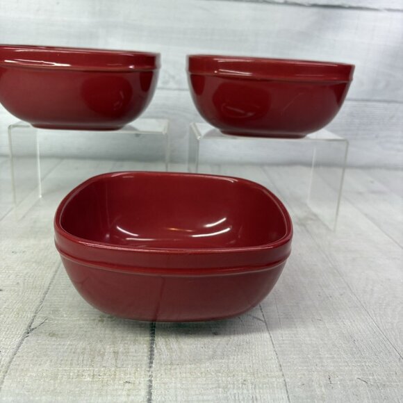 Home Trends CANOPY RED Cranberry Emboss Square Porcelain Soup Cereal Bowls Set 3 - Picture 5 of 16